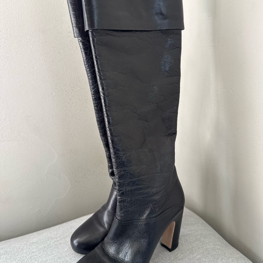 Miu Miu Black Leather Tall Block-Heel Boots